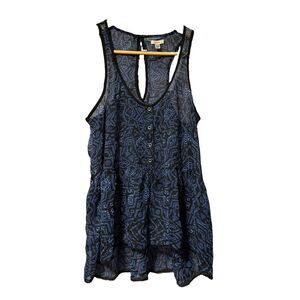 ECOTE Womens Tank Top Size M  Blue Black Print Racerback Sheer Peplum Hi Low
